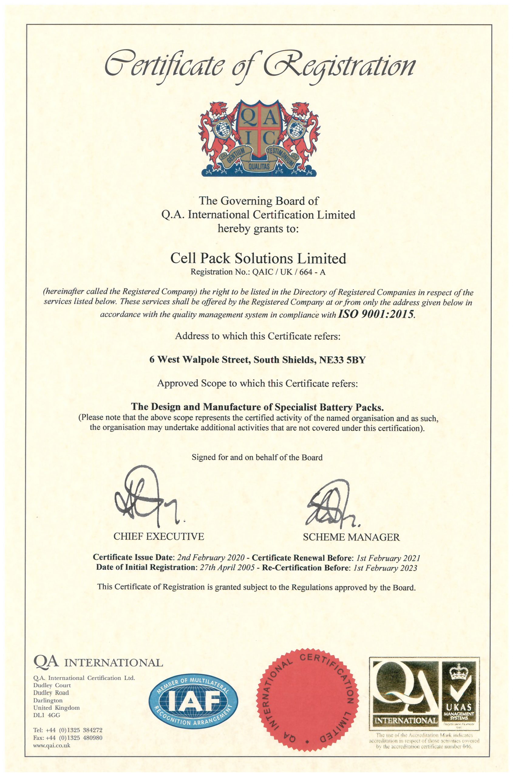 QMS ISO 9001:2015 & EMS ISO14001:2015 - Cell Pack Solutions